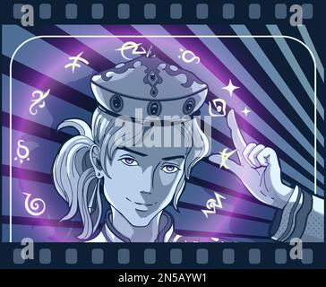 Giovane mago di anime in stile manga e anime. Illustrazione Vettoriale