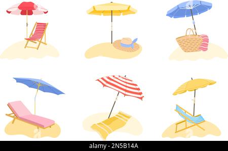 Ombrellone in spiaggia. Sdraio e ombrellone per vacanze estive in spiaggia vettoriale set di illustrazioni Illustrazione Vettoriale