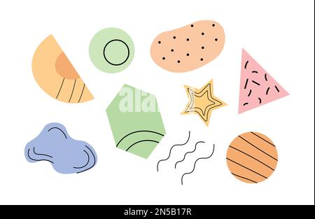 Moderno doodle elementi colorati in stile memphis. Forme geometriche cartoni animati per decorazioni di design. Illustrazione Vettoriale