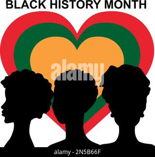 Mese storico nero. Silhouette donna con cuore nei colori giallo, rosso e verde. Storia Africana americana. Celebrato annualmente. Illustrazione Vettoriale