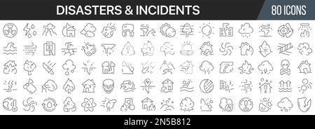 Raccolta di icone delle linee di disastri e incidenti. Grande icona dell'interfaccia utente in un design piatto. Pacchetto di icone con contorno sottile. Illustrazione vettoriale EPS10 Illustrazione Vettoriale