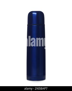 Moderno thermos chiuso blu isolato su bianco Foto Stock