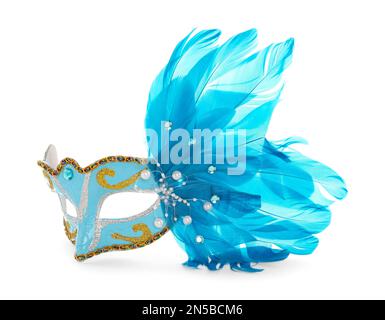 Bella maschera di carnevale azzurro isolato su bianco Foto Stock