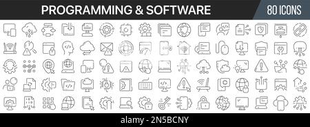 Programmazione e raccolta di icone della linea software. Grande icona dell'interfaccia utente in un design piatto. Pacchetto di icone con contorno sottile. Illustrazione vettoriale EPS10 Illustrazione Vettoriale