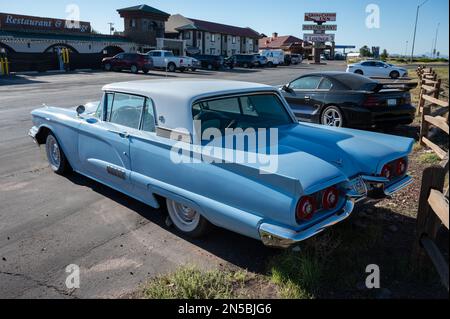 A detail of an old blue Ford Thunderbird, it is parked in the street Foto Stock