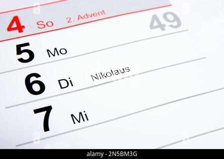 Calendario annuale 2022 in tedesco, St. Nicholas' Day, 6 dicembre Foto Stock