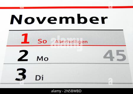 Calendario annuale 2015 in tedesco, tutti i Hallows, novembre 1st Foto Stock