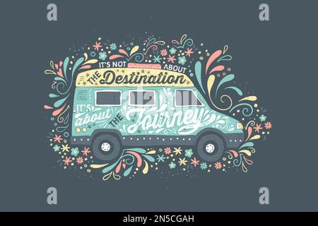 Bella scritta colorata disegnata a mano in un campervan silhouette.Great for Vanlife tessile, tazza, poster, scheda, banner. Illustrazione Vettoriale