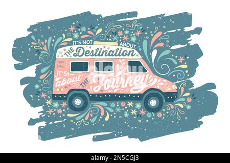 Bella scritta colorata disegnata a mano in un campervan silhouette.Great for Vanlife tessile, tazza, poster, scheda, banner. Illustrazione Vettoriale