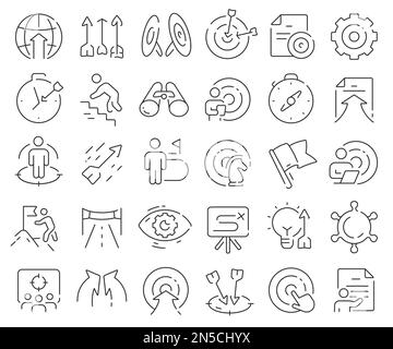 Raccolta di icone della linea di destinazione. Pacchetto di icone con contorno sottile. Illustrazione vettoriale eps10 Illustrazione Vettoriale