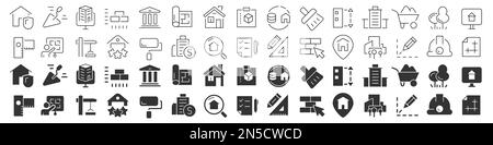 Costruzione e linea edilizia eccellente collezione di icone in due stili diversi. Pacchetto di icone con contorno sottile. Illustrazione vettoriale eps10 Illustrazione Vettoriale