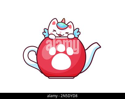 Cartoon carino kawaii casticorno personaggio in teiera. Gatto bianco vettore unicorno con viso sorridente seduto in bollitore in ceramica con stampa zampa. Gattino magico pe Illustrazione Vettoriale