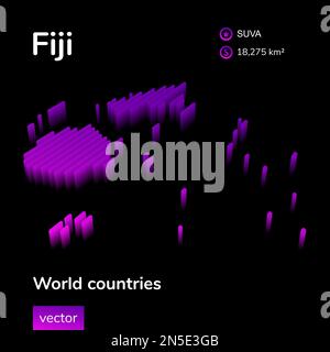 Mappa delle Figi 3D. Vettore a righe isometriche al neon stilizzato la mappa delle Fiji è di colore viola e rosa su sfondo nero. Banner didattico. Illustrazione Vettoriale
