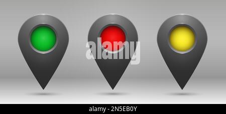 Icone di geolocalizzazione grigie realistiche con inserti colorati su sfondo sfumato. Illustrazione Vettoriale
