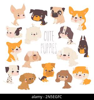Set di cartoni animati con cuccioli divertenti su sfondo bianco Illustrazione Vettoriale