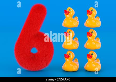 Soffice numero 6 con sei anatre di gomma, 3D rendering su sfondo blu Foto Stock
