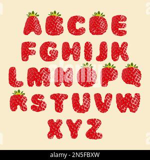 Font con texture fragola. Grazioso alfabeto inglese con lettere in forma di fragole rosse mature. Fonte per bambini Cartoon berry. Illustrazione vettoriale Illustrazione Vettoriale
