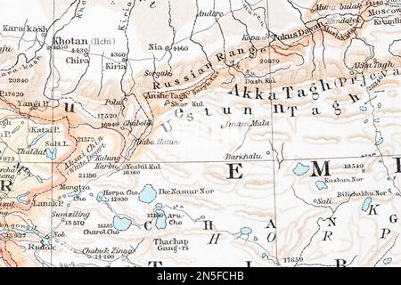 1900 storico atlante mappa di Aksai Chin, parte di un'area fortemente contesa tra India e Cina, con scontri di confine tra i due. Foto Stock