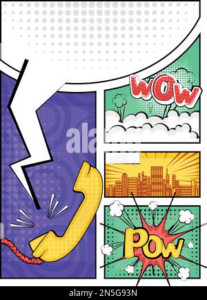 Copertina a fumetti colorati con un paesaggio urbano e un vettore telefonico Illustrazione Vettoriale