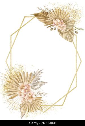 Cornice floreale color acqua in stile boho con esotiche foglie di palma tropicali e fiori di orchidee. Modello disegnato a mano con texture dorate per biglietti d'auguri o inviti. Illustrazione di piante secche isolate. Foto Stock