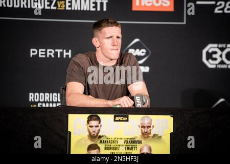 PERTH, AUSTRALIA - 9 FEBBRAIO: Jamie Mullarkey si rivolge alla stampa prima della sua lotta all'UFC 284 Makhachev vs Volkanovski alla Rac Arena il 12th febbraio 2023 a Perth, Australia Occidentale, Australia. (Foto di Matt Davies/PxImages) Credit: PX Images/Alamy Live News Foto Stock