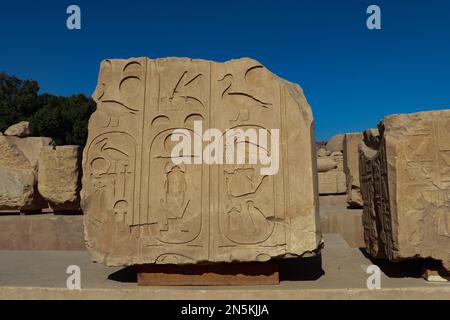 Antichi simboli egiziani e geroglifi scolpiti nel tempio di Karnak a Luxor, Egitto Foto Stock