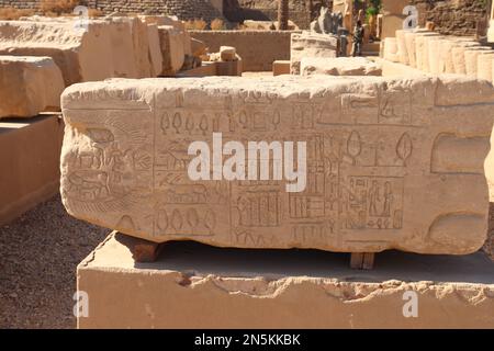 Antichi simboli egiziani e geroglifi scolpiti nel tempio di Karnak a Luxor, Egitto Foto Stock