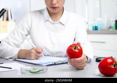 Scienziato con pomodoro a tavola in laboratorio, primo piano. Rilevamento di veleni Foto Stock