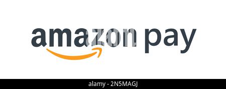 MYKOLAIV, UCRAINA - 18 GENNAIO 2021: Logotipo del sistema di pagamento Amazon Pay su sfondo bianco, illustrazione Foto Stock