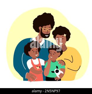 Grande africano scuro pelle felice sorridente Family.Young adulto genitori.Coppia madre, padre, marito, moglie, bambino Kid figlia, Son.Girl, ragazzo relativo figli Foto Stock