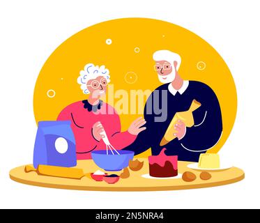 Anziano Coppia felice Donna, nonna cottura cucina panetteria, uomo marito.Famiglia divertirsi insieme.amare persone soggiorno Home.coniugi anniversario anziano A. Foto Stock