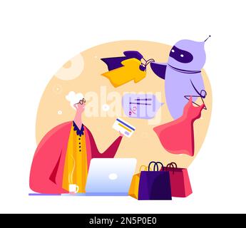 Old lady Shopping Online con l'aiuto di chatbot Cyber Robot. Vendita, consumismo concetto pensionato donna nonna utilizzando laptop Chat bot e marchio futuro Foto Stock