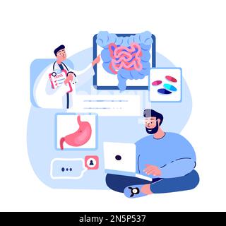 Medico Consultate paziente uomo, stomaco Ache, intestino sconvolto intestinale.Online Internet Gestione del dolore virtuale. Consultazione digitale Ospedale medico Diagnosi Foto Stock