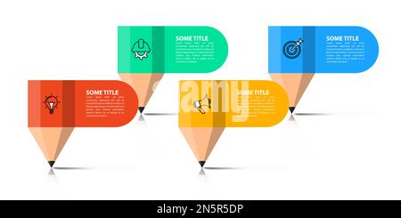Modello infografico con icone e 4 opzioni o passaggi. Matita. Può essere utilizzato per il layout del flusso di lavoro, il diagramma, il banner, il webdesign. Illustrazione vettoriale Illustrazione Vettoriale