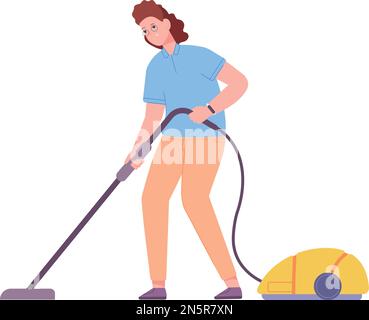 Donna aspirapolvere. Pulizia della casa. Addetto alle pulizie isolato su sfondo bianco Illustrazione Vettoriale