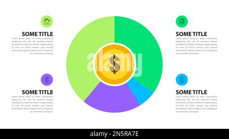 Modello infografico con icone e 4 opzioni o passaggi. Torta di investimento. Può essere utilizzato per il layout del flusso di lavoro, il diagramma, il banner, il webdesign. Vettore illustrati Illustrazione Vettoriale