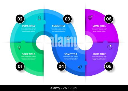 Modello infografico con icone e 6 opzioni o passaggi. Spirale. Può essere utilizzato per il layout del flusso di lavoro, il diagramma, il banner, il webdesign. Illustrazione vettoriale Illustrazione Vettoriale