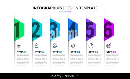 Modello infografico con icone e 6 opzioni o passaggi. Segnalibri. Può essere utilizzato per il layout del flusso di lavoro, il diagramma, il banner, il webdesign. Illustrazione vettoriale Illustrazione Vettoriale