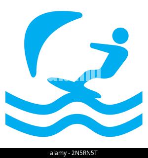 Grafica vettoriale blu e bianca di un simbolo di mappa per attività acquatiche a bordo. Si compone di una silhouette blu di un windsurfer su uno sfondo bianco Illustrazione Vettoriale