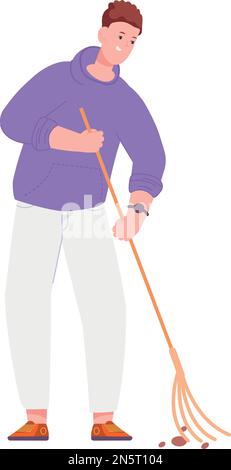 Uomo che spazzano il pavimento con scopa. Polvere di pulizia. Lavoro domestico isolato su sfondo bianco Illustrazione Vettoriale