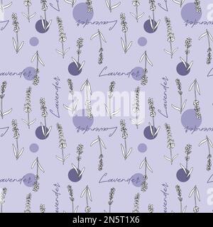 illustrazione di fiori di lavanda con parola di lavanda e sfondo senza cuciture Illustrazione Vettoriale