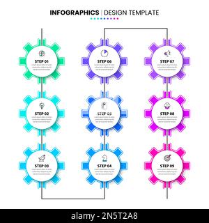 Modello infografico con icone e 9 opzioni o passaggi. Può essere utilizzato per il layout del flusso di lavoro, il diagramma, il banner, il webdesign. Illustrazione vettoriale Illustrazione Vettoriale