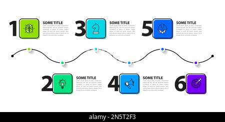 Modello infografico con icone e 6 opzioni o passaggi. Timeline. Può essere utilizzato per il layout del flusso di lavoro, il diagramma, il banner, il webdesign. Illustrazione vettoriale Illustrazione Vettoriale