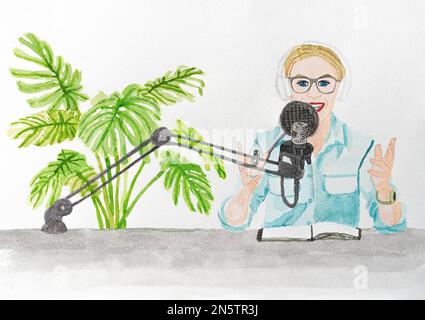 Vettore in acquerello su carta acquerello mostra una donna in un ufficio. Sta parlando in un microfono e sta registrando un podcast. Sullo sfondo Illustrazione Vettoriale