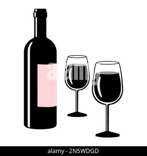 Grafica vettoriale monocromatica di una bottiglia di vino aperta accanto a due bicchieri di vino Illustrazione Vettoriale