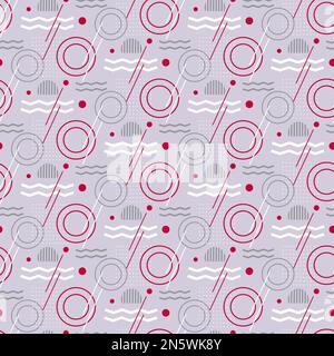Modello moderno in stile memphis. Forme geometriche diverse: Cerchi e linee, triangoli. Illustrazione Vettoriale