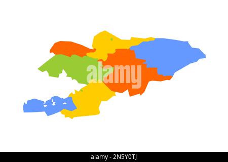 Kirghizistan carta politica delle divisioni amministrative - regioni e città indipendenti di Bishkek e OSH. Mappa vettoriale colorata vuota. Illustrazione Vettoriale