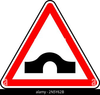 Grafica vettoriale di un cartello stradale UK hump back bridge. Si tratta di un'illustrazione di un ponte con una cunetta improvvisa e di un tunnel per un canale o una linea ferroviaria Illustrazione Vettoriale