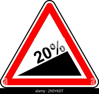 Immagine vettoriale di un'avvertenza per il regno unito relativa a un segnale stradale inclinato del 20%. È costituito da un simbolo di salita e dalla velocità di discesa contenuta in un trian rosso Illustrazione Vettoriale