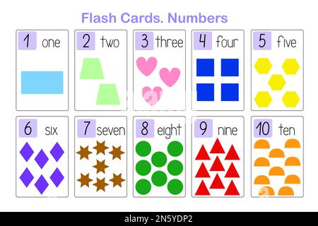 Forme geometriche simpatici simboli matematici colorati numeri di apprendimento schede flash stampabili, foglio di lavoro educativo per bambini, asilo nido, attività pre-scuola o tempo libero, risorse per insegnanti, gioco Illustrazione Vettoriale